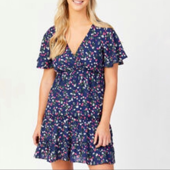 Altar'd State Dresses & Skirts - Altar'd State Navy Blue Floral Martha Flutter Sleeve Surplice Mini Dress M